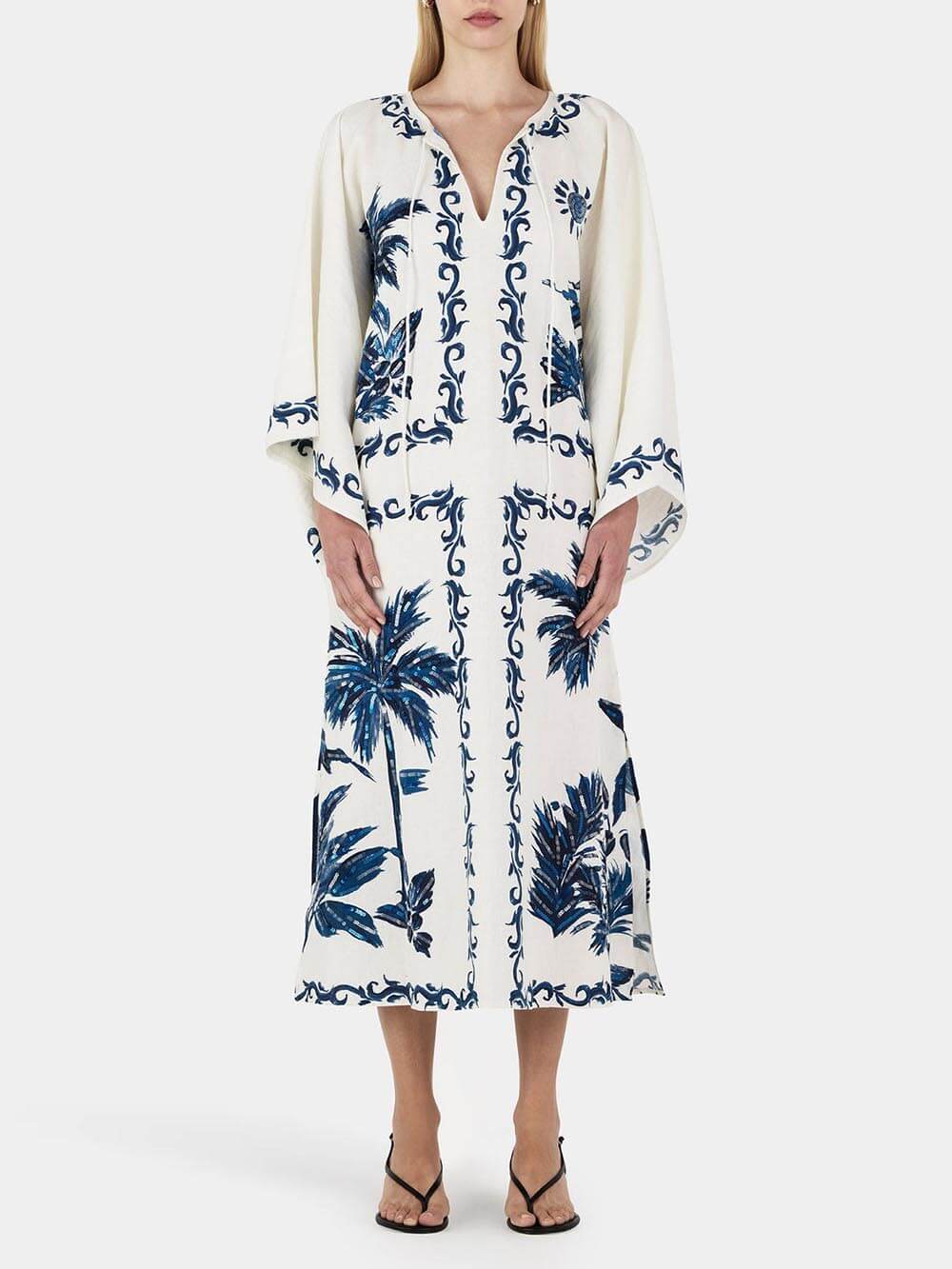 Palm Print V-Neck Long Sleeve Kaftan Midi Dress