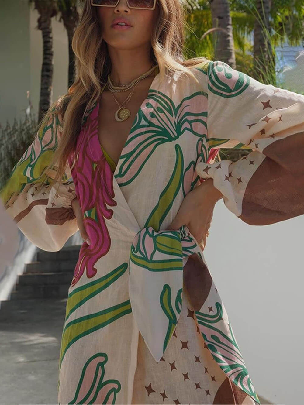 Chic Linen Blend Unique Print Balloon Sleeve Tie up Tunic Maxi Dress