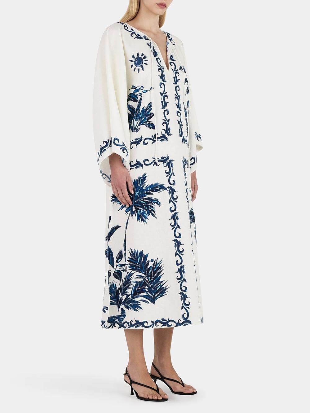 Palm Print V-Neck Long Sleeve Kaftan Midi Dress