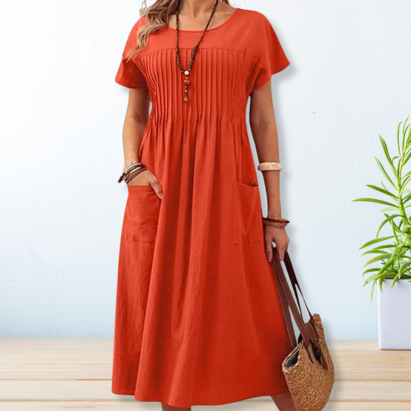 Pintuck Pleat Round Neck Short Sleeve Pocket Midi Dress