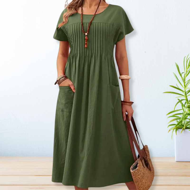 Pintuck Pleat Round Neck Short Sleeve Pocket Midi Dress