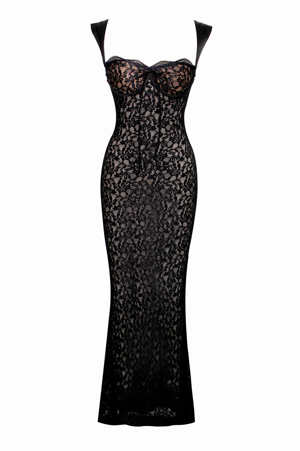 Sheer Lace Sweetheart Wide Strap Bodycon Maxi Dress 10