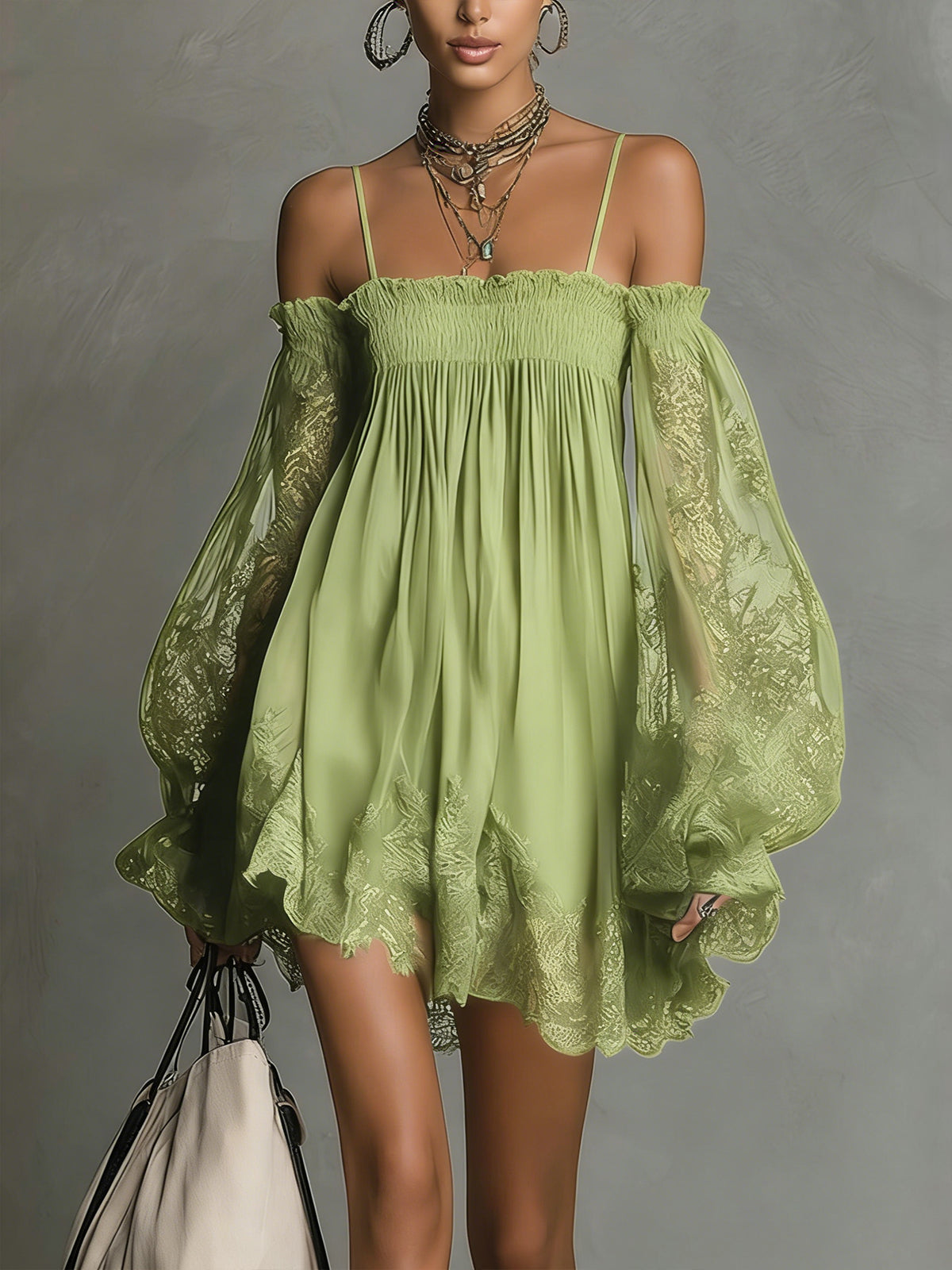 Off Shoulder Lace Bell Sleeve Smocked Mini Dress