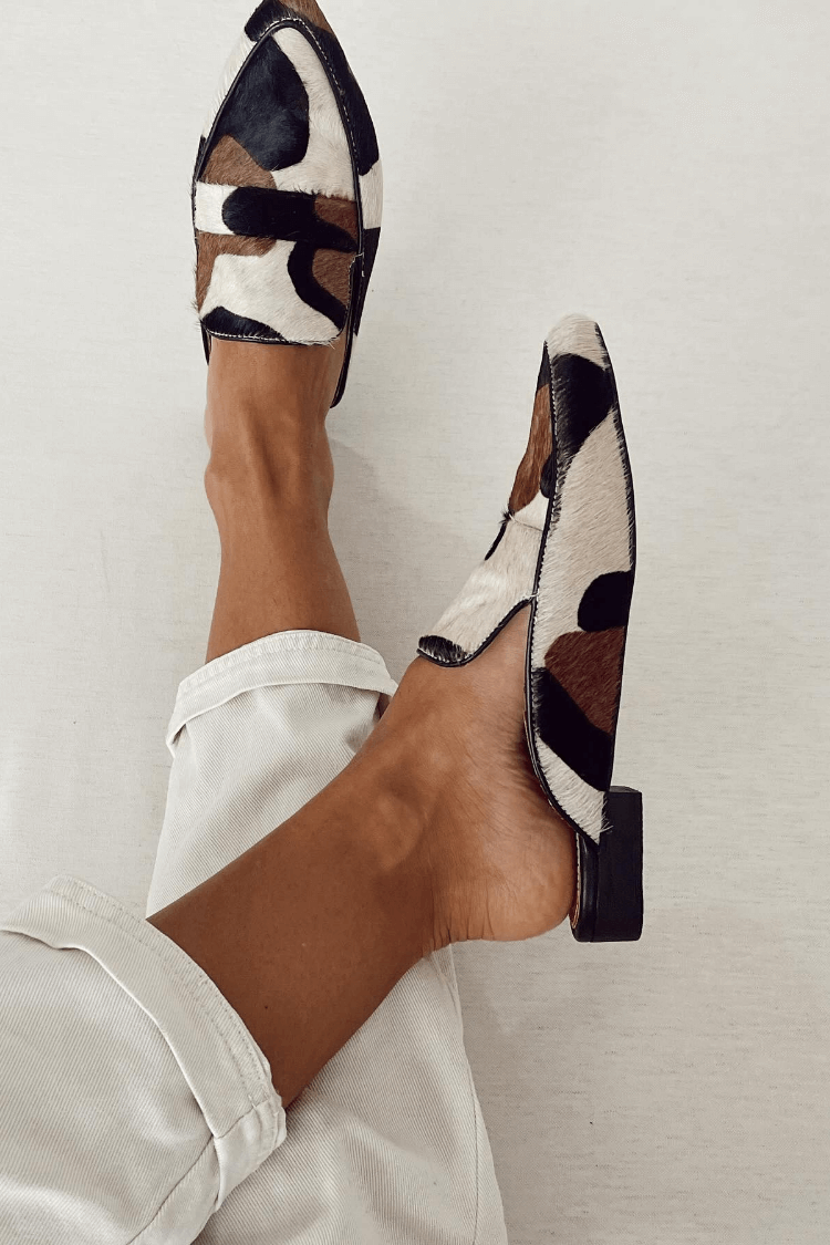 Cow Print Pointed Toe Flat Backless Loafer Mules