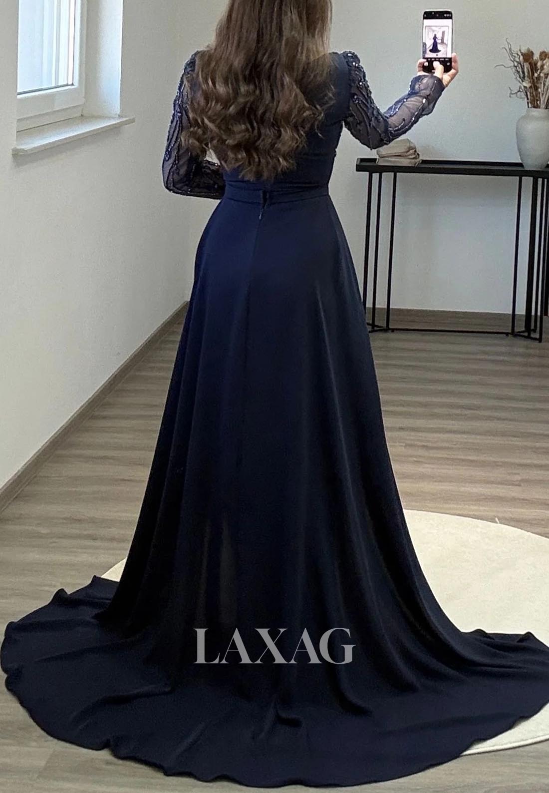 Scoop-Neck Long-Sleeves Satin Formal Gowns Beaded Pleated Mermaid Evening Dress with Train