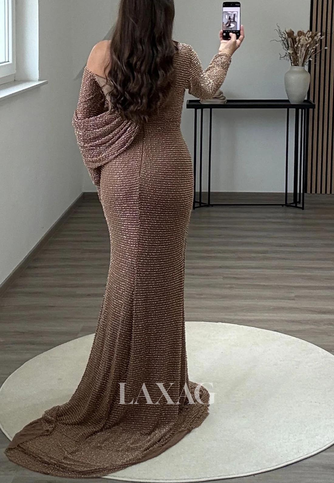 Long-Sleeves Asymmetrical-Neck Pleated Formal Gowns Fully Beaded Sweep Train Mermaid Evening Dress