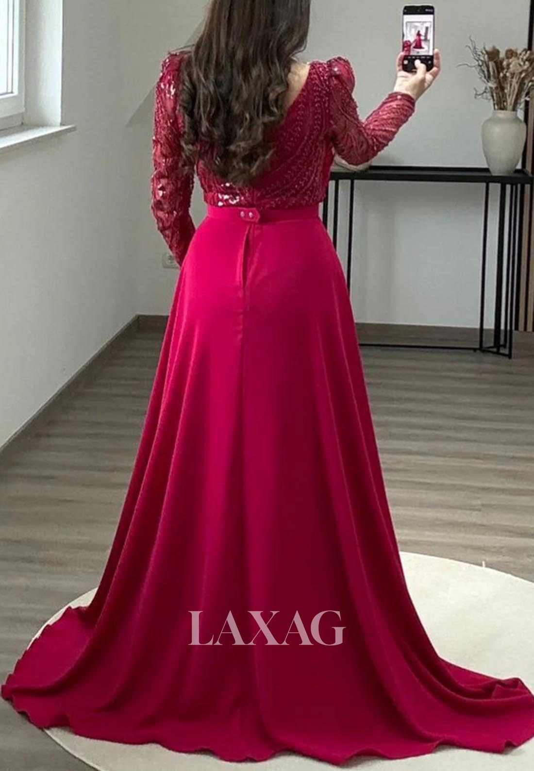 Asymmetrical-Neck Long-Sleeves Mermaid Evening Dress Beaded Pleated Satin Formal Gowns with Train