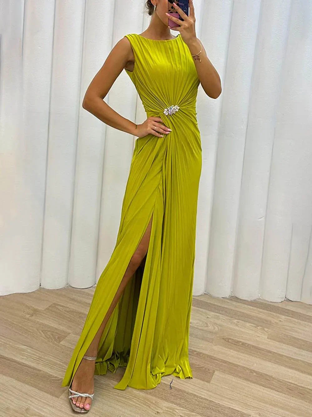 Davina - Pleated Maxi Evening Dress Yellow