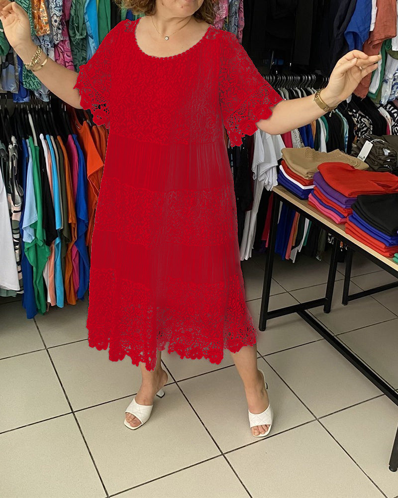 Solid Color Short Sleeve Lace Dress