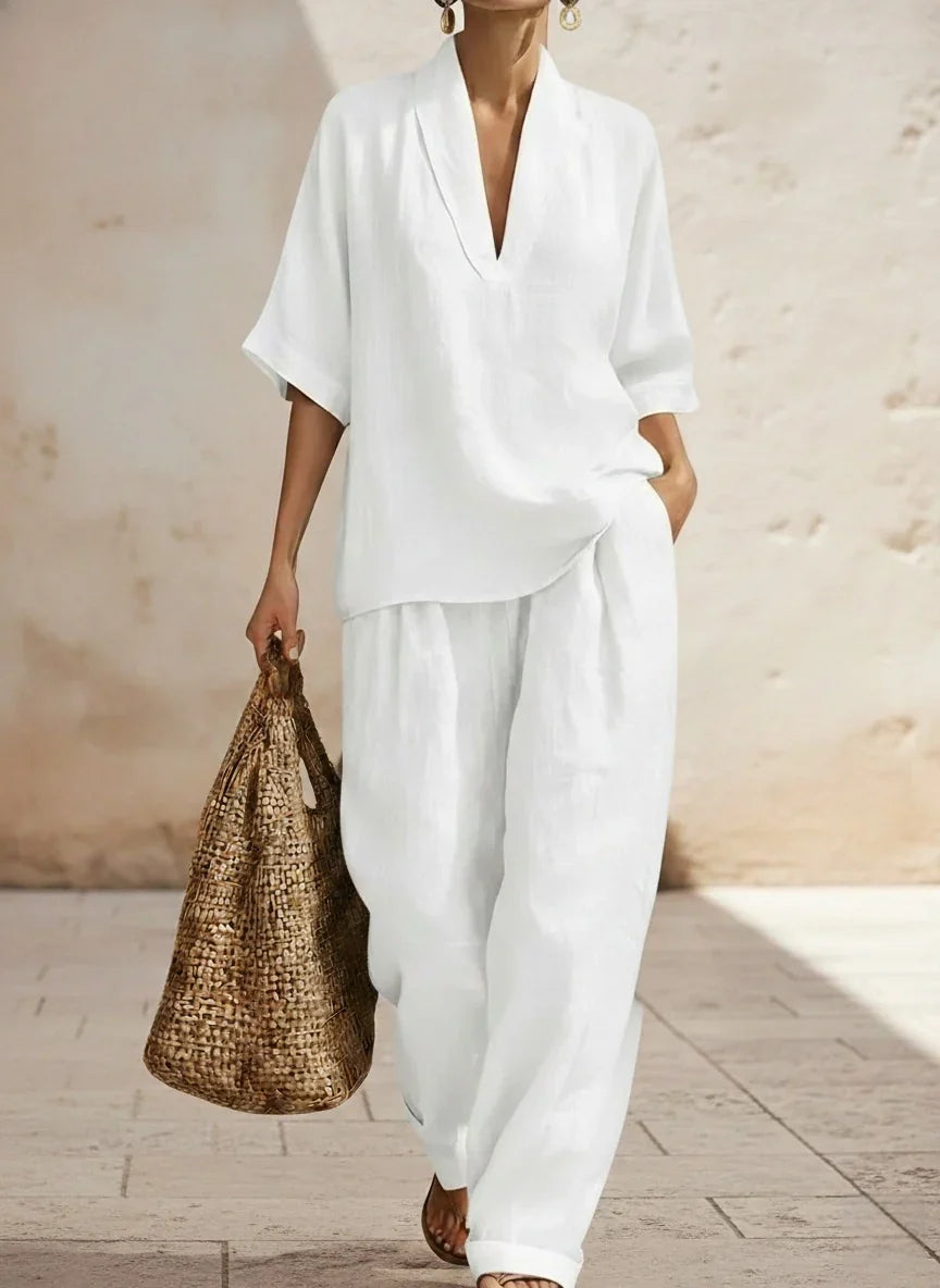 Deep V-Neck Short Sleeve Top and Wide Leg Pants Two Piece Set