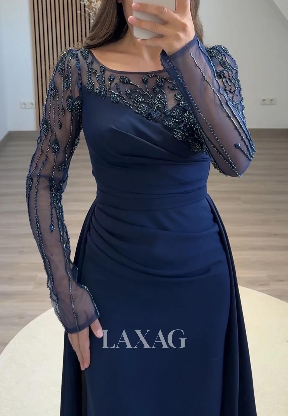 Scoop-Neck Long-Sleeves Satin Formal Gowns Beaded Pleated Mermaid Evening Dress with Train