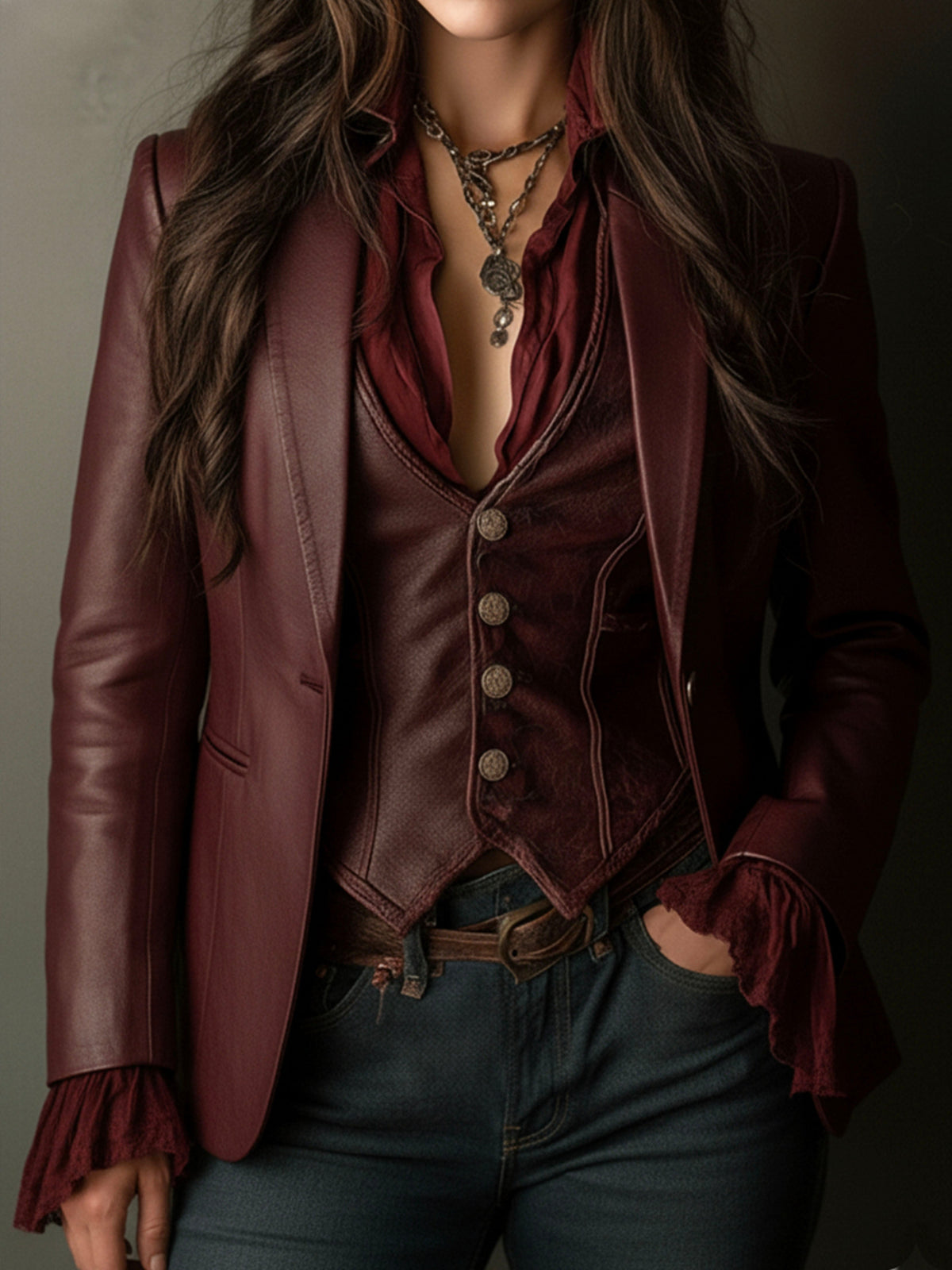 Faux Leather Ruffle Cuff Single Button Blazer