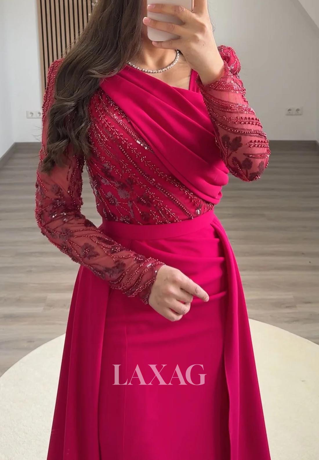 Asymmetrical-Neck Long-Sleeves Mermaid Evening Dress Beaded Pleated Satin Formal Gowns with Train