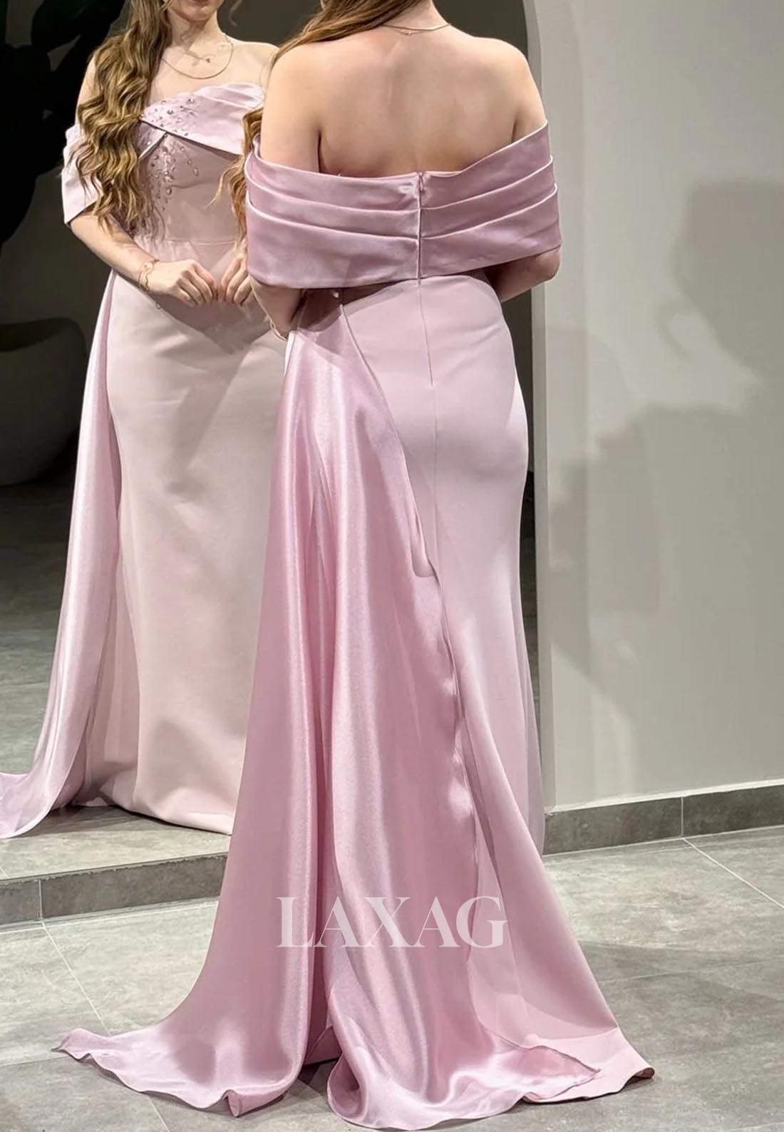 Asymmetrical-Neck Sleeveless Mermaid Evening Dress Beaded PleatedSatin Formal Gowns