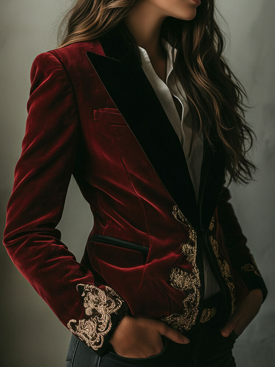 Embroidered Contrast Lapel Velvet Blazer