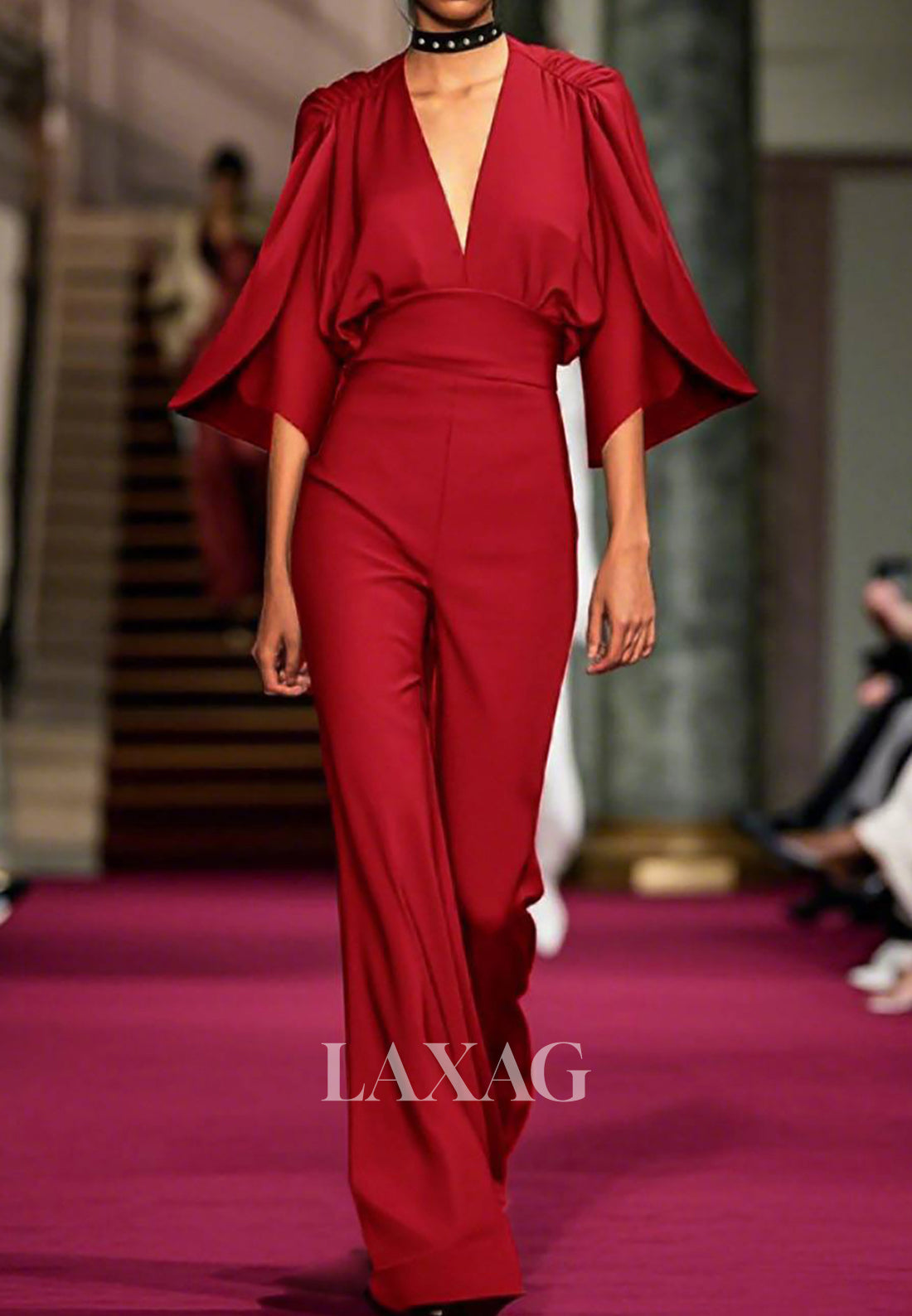 Deep V-Neck Half-Bell-Sleeves Pleated Satin Simple Jumpsuit