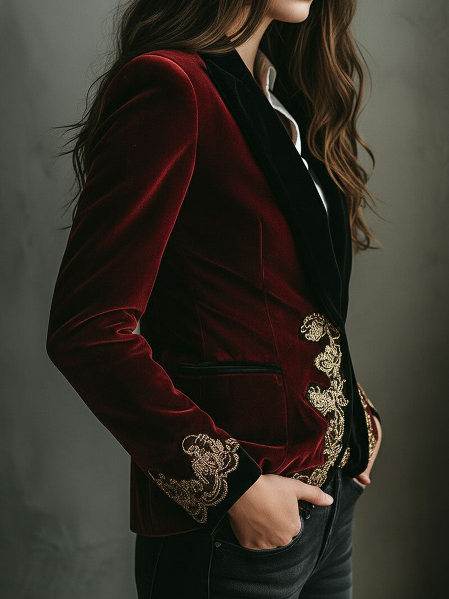 Embroidered Contrast Lapel Velvet Blazer