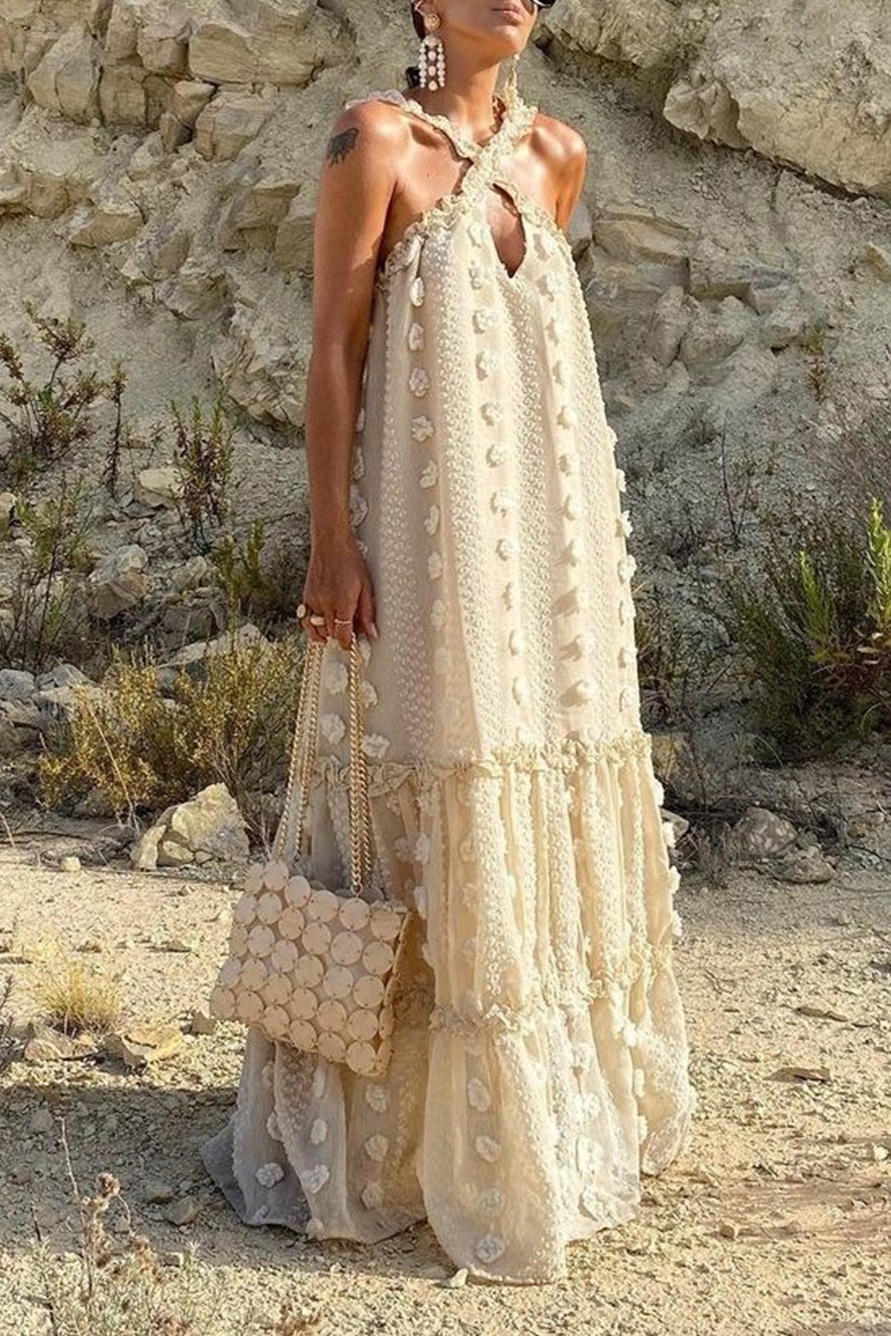Appliqué Halter Neck Keyhole Tiered Maxi Dress 5