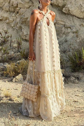 Appliqué Halter Neck Keyhole Tiered Maxi Dress 5