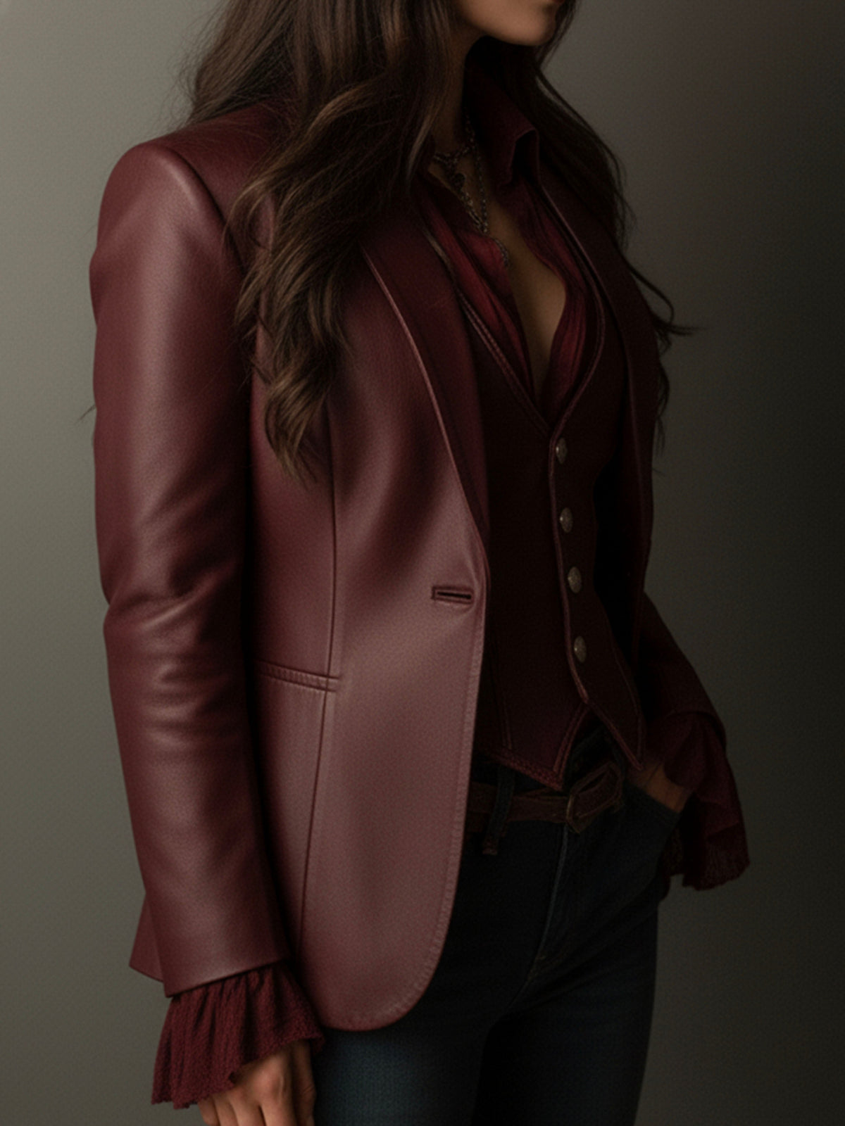 Faux Leather Ruffle Cuff Single Button Blazer