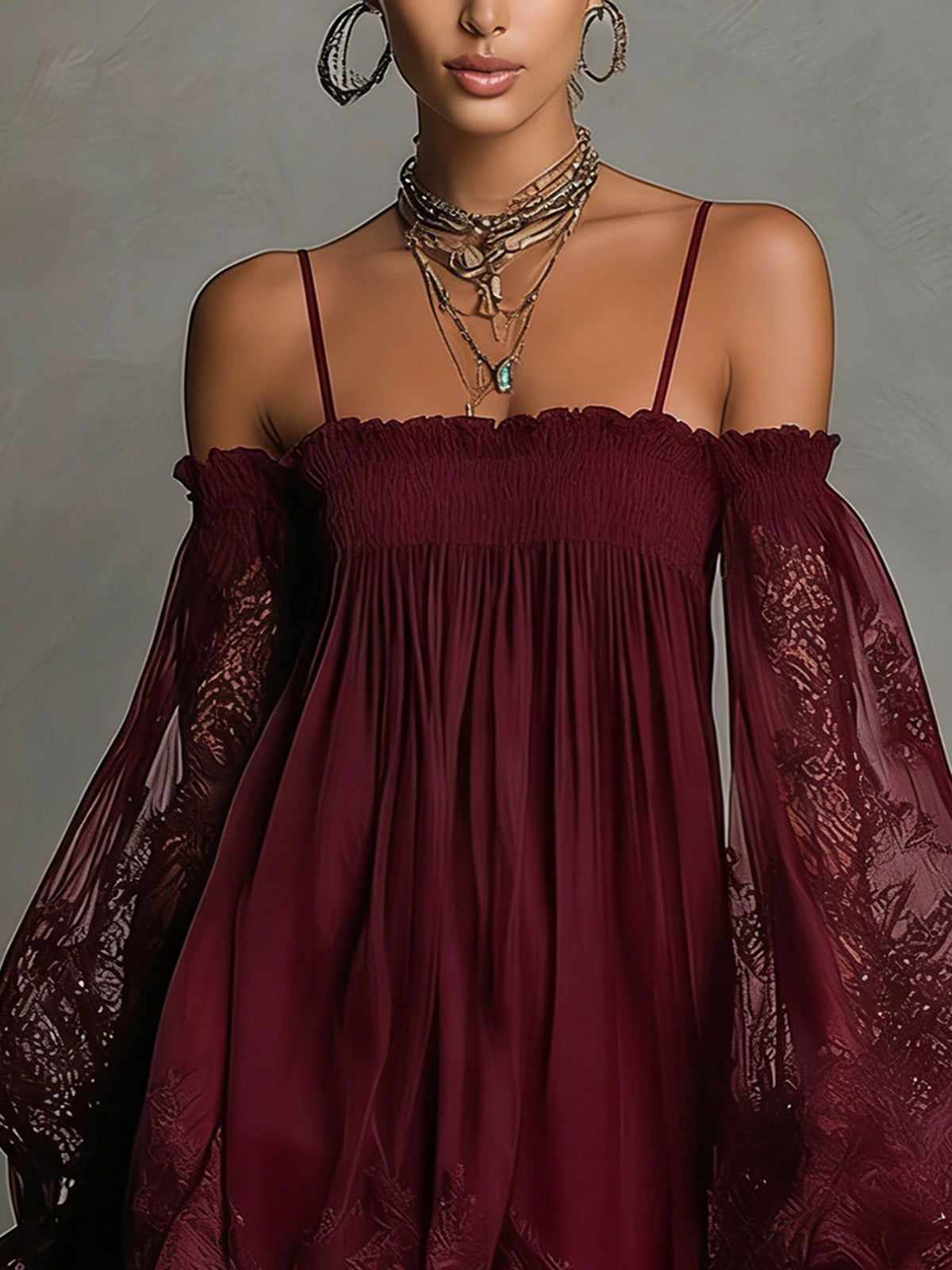 Off Shoulder Lace Bell Sleeve Smocked Mini Dress
