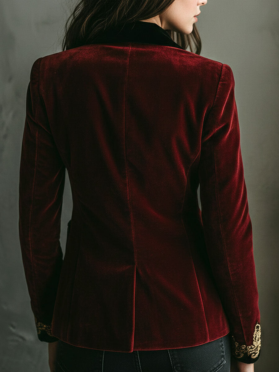 Embroidered Contrast Lapel Velvet Blazer