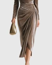 Velvet Cowl Neck Long Sleeve Ruched Wrap Midi Dress 3
