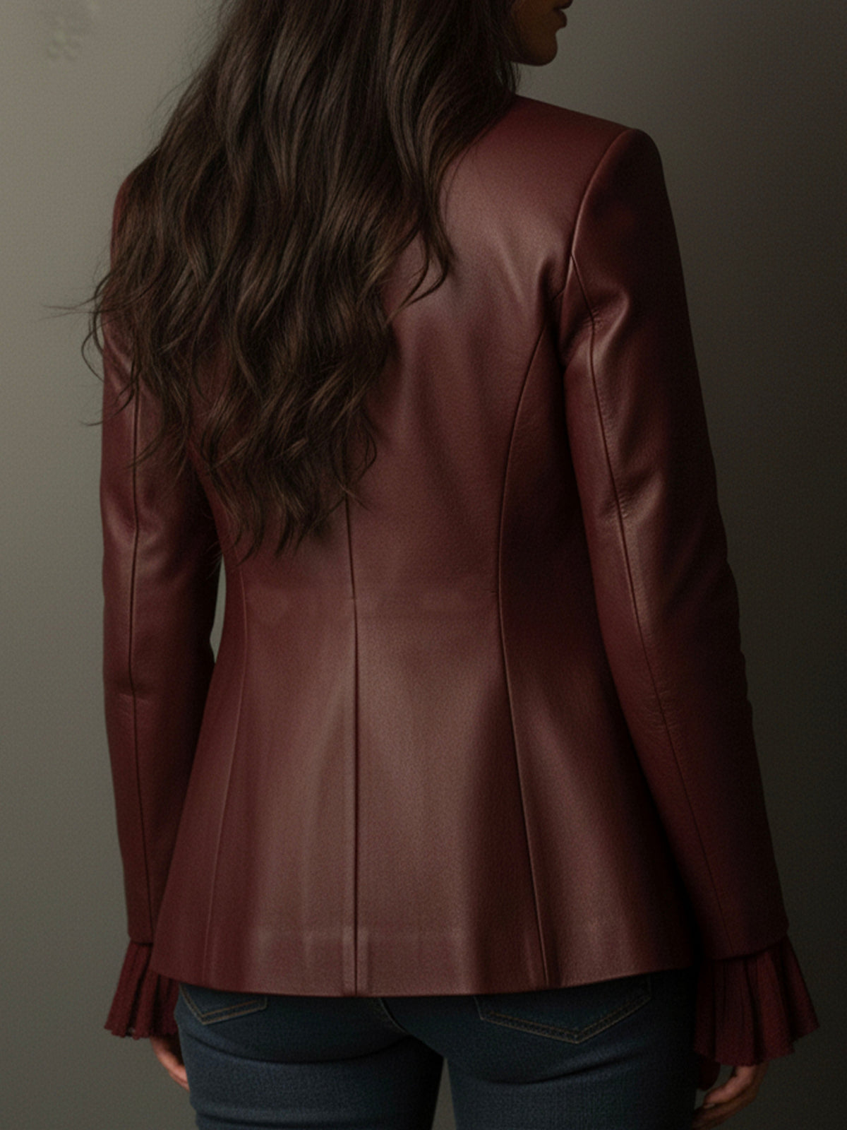 Faux Leather Ruffle Cuff Single Button Blazer