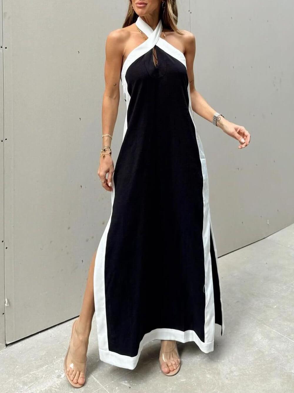 Halter Neck Slit Color Block Maxi Dress Black