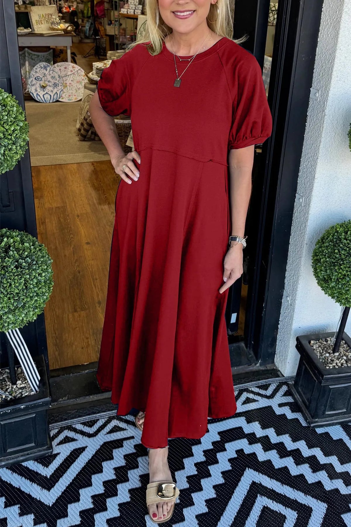 Round Neck Puff Sleeve Fit and Flare Midi Dress