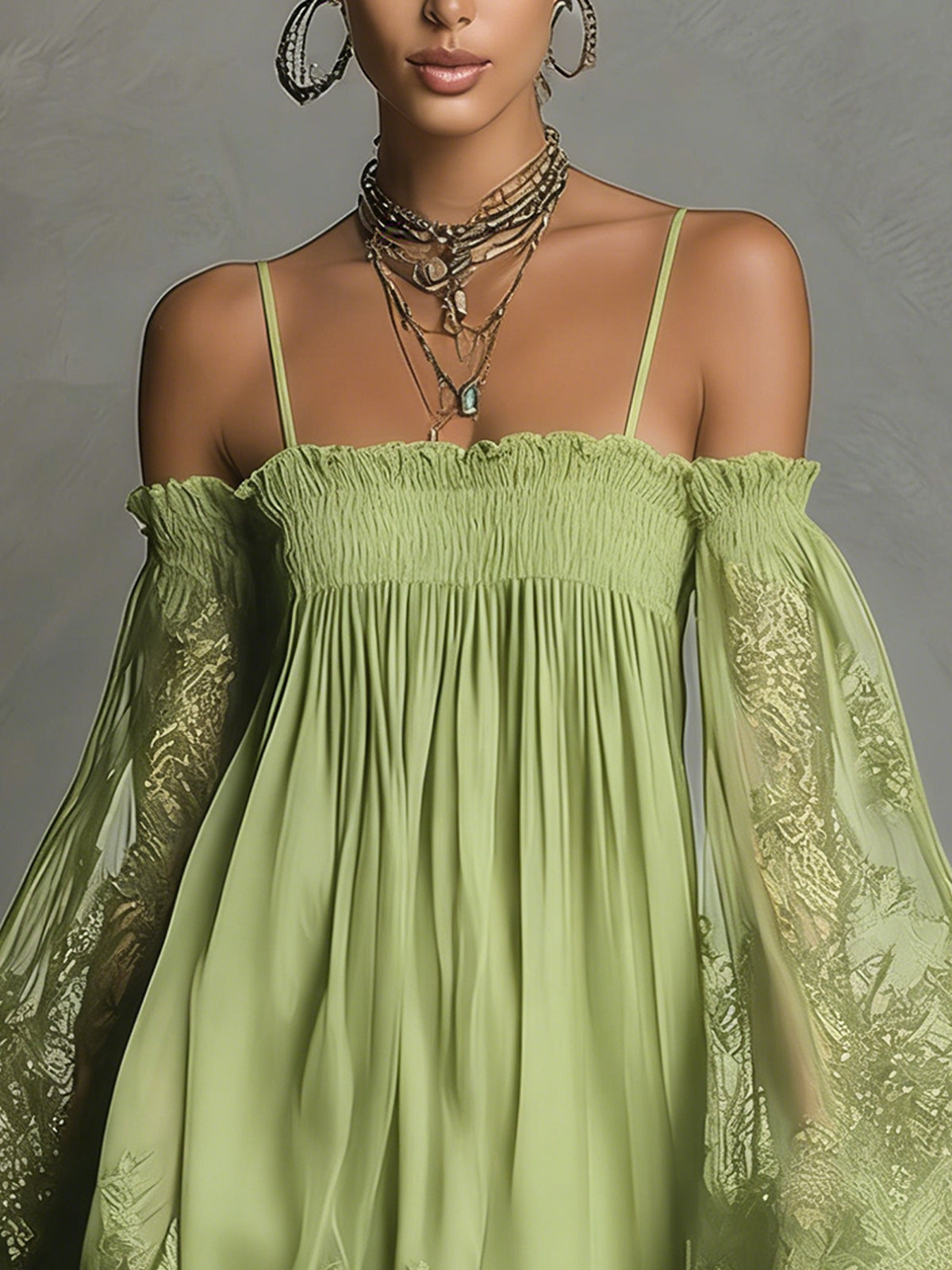 Off Shoulder Lace Bell Sleeve Smocked Mini Dress