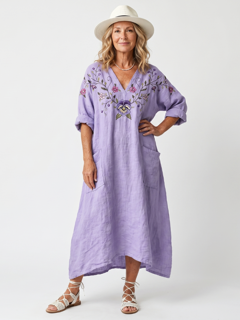 Floral Embroidered V-Neck Pocket Linen Maxi Dress