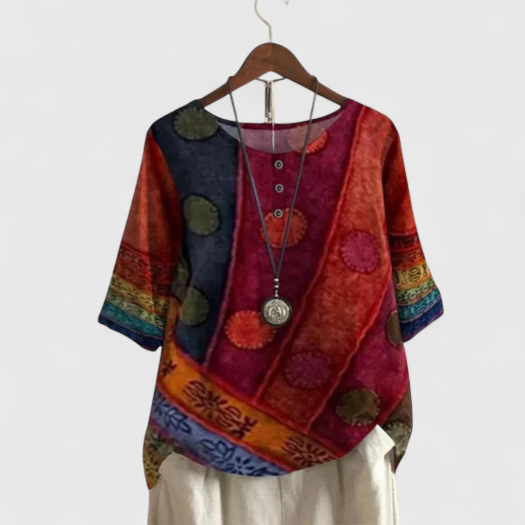 Round Neck Half Sleeve Polka Dot Patchwork Print Top