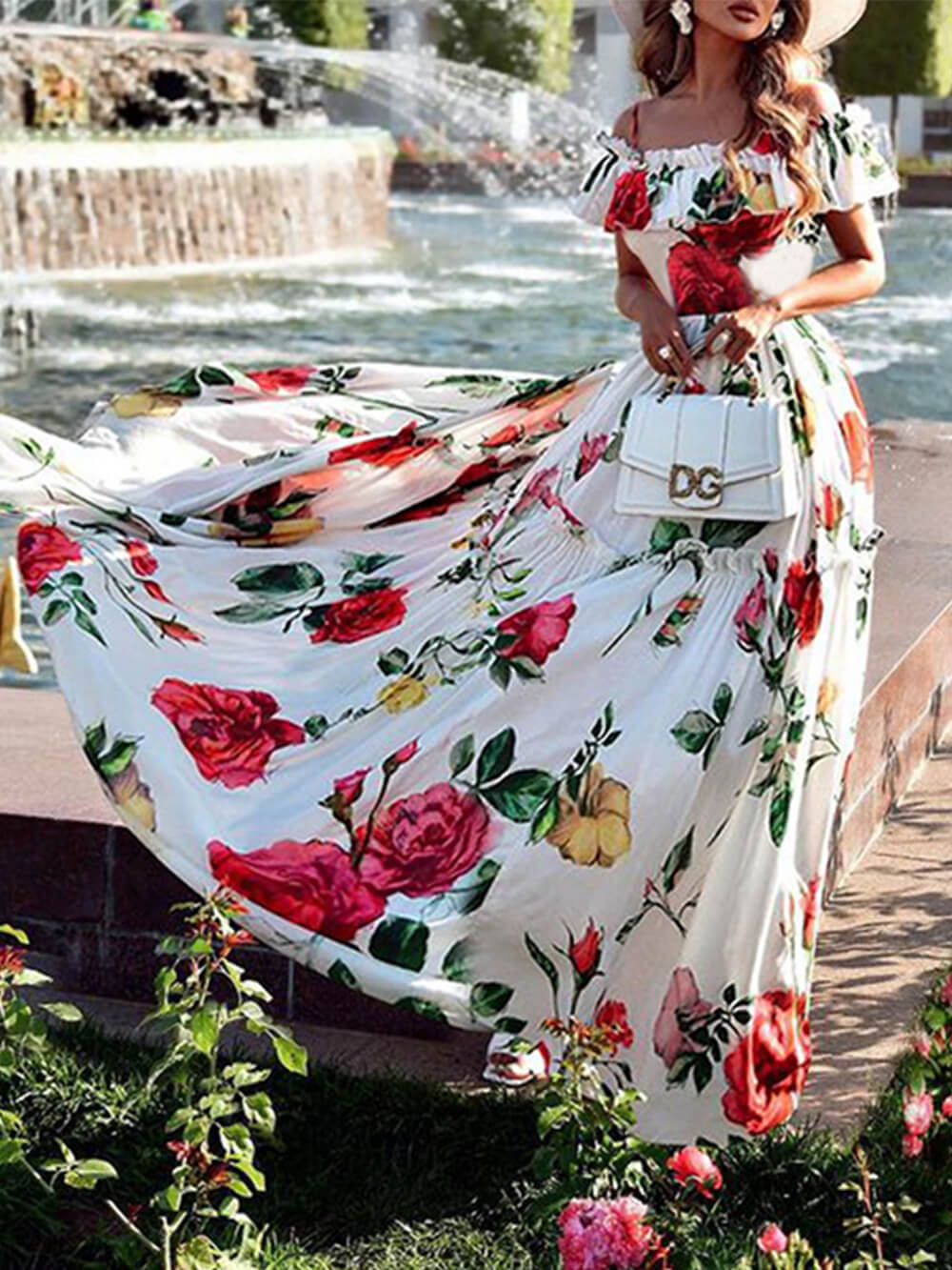 Floral Print Off Shoulder Ruffle Neck Tiered Pleated Maxi Prom Dress