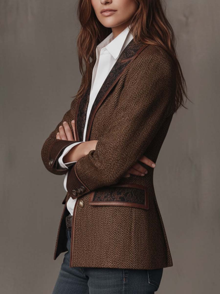 Herringbone Paisley Panel Faux Leather Trim Blazer