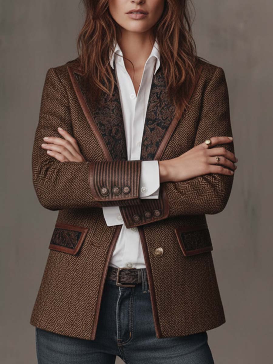 Herringbone Paisley Panel Faux Leather Trim Blazer