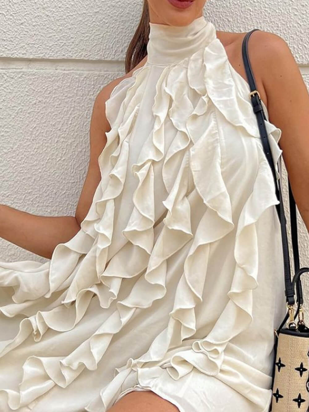 High Neck Sleeveless Ruffle Trim Satin Mini Dress