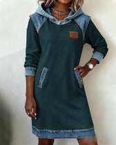 Hooded Long Sleeve Denim Patchwork Mini Dress Pocket 8