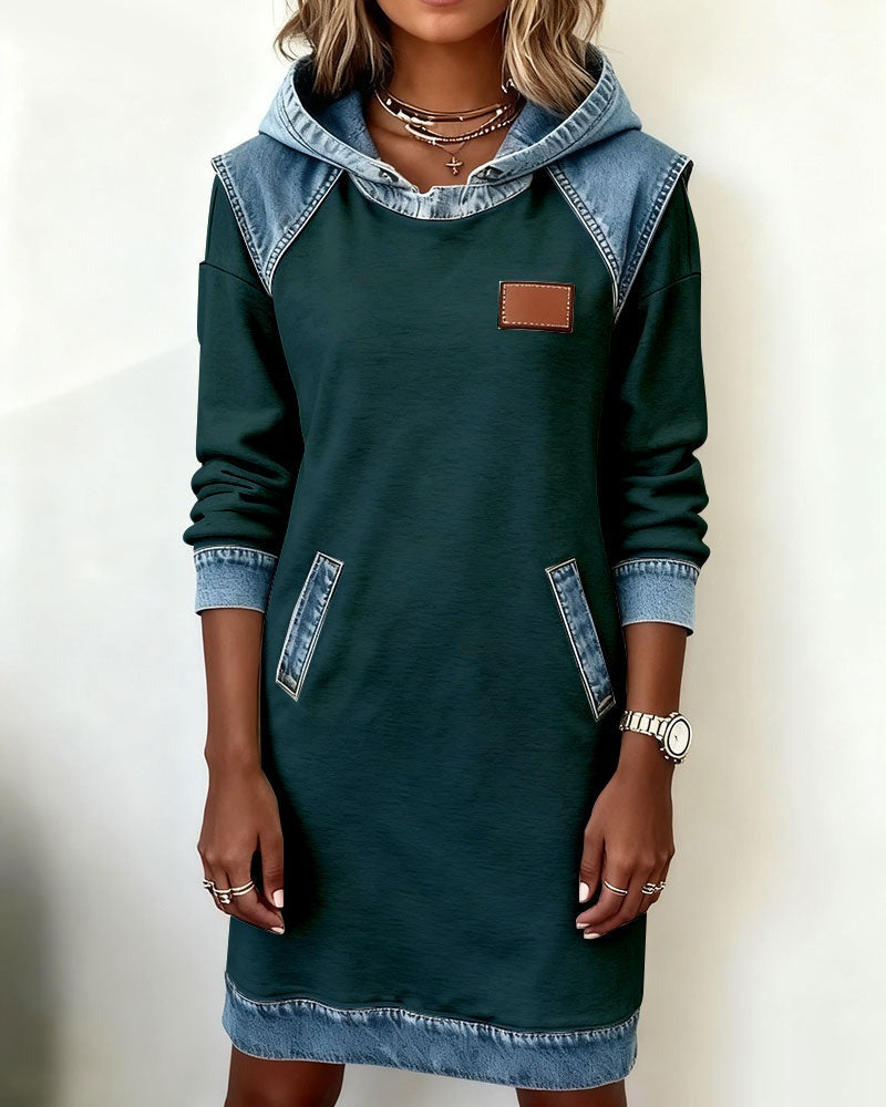 Hooded Long Sleeve Denim Patchwork Mini Dress Pocket 15