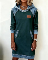 Hooded Long Sleeve Denim Patchwork Mini Dress Pocket 15