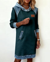 Hooded Long Sleeve Denim Patchwork Mini Dress Pocket 9