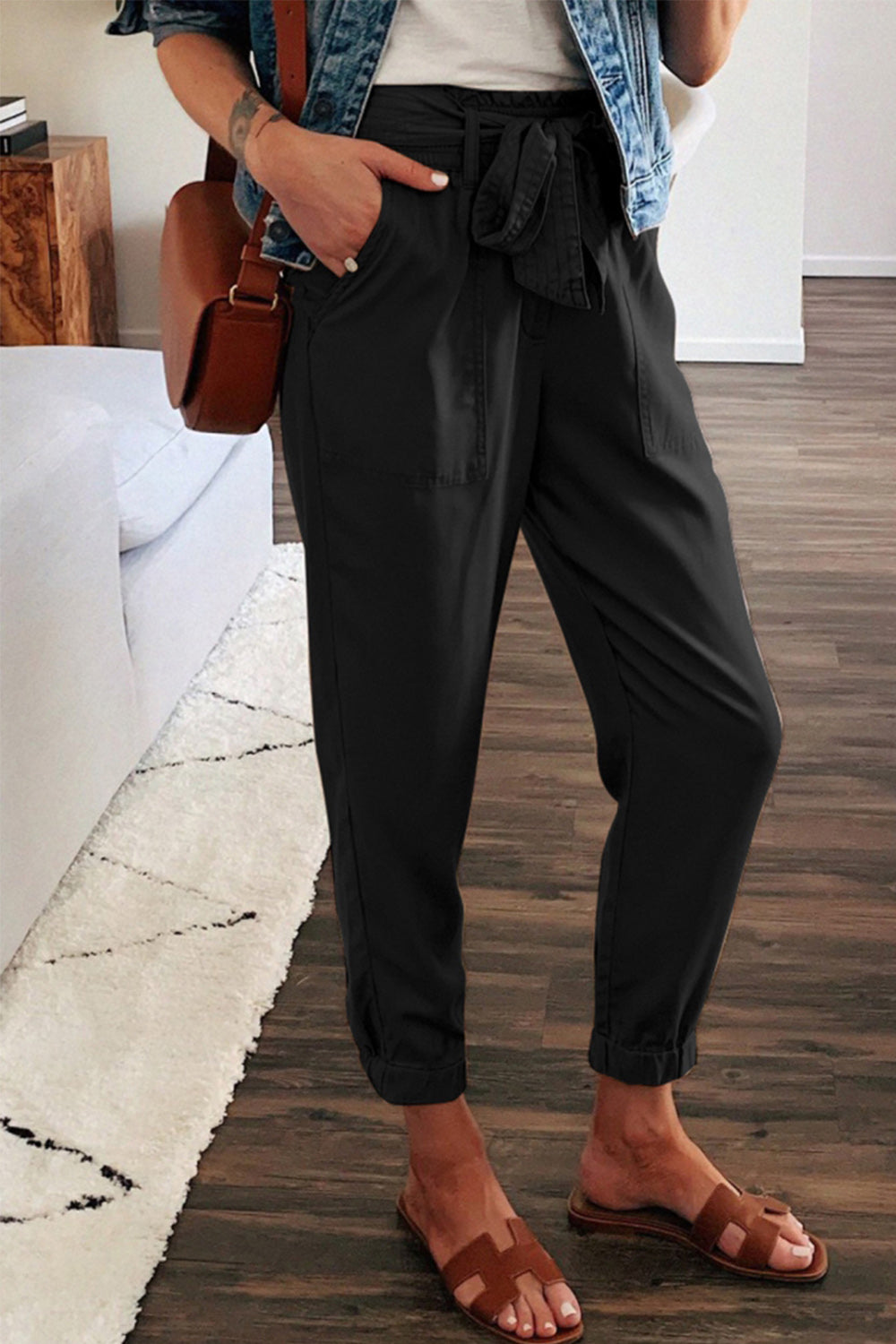 Solid Color Bow Belt Pocket Pants