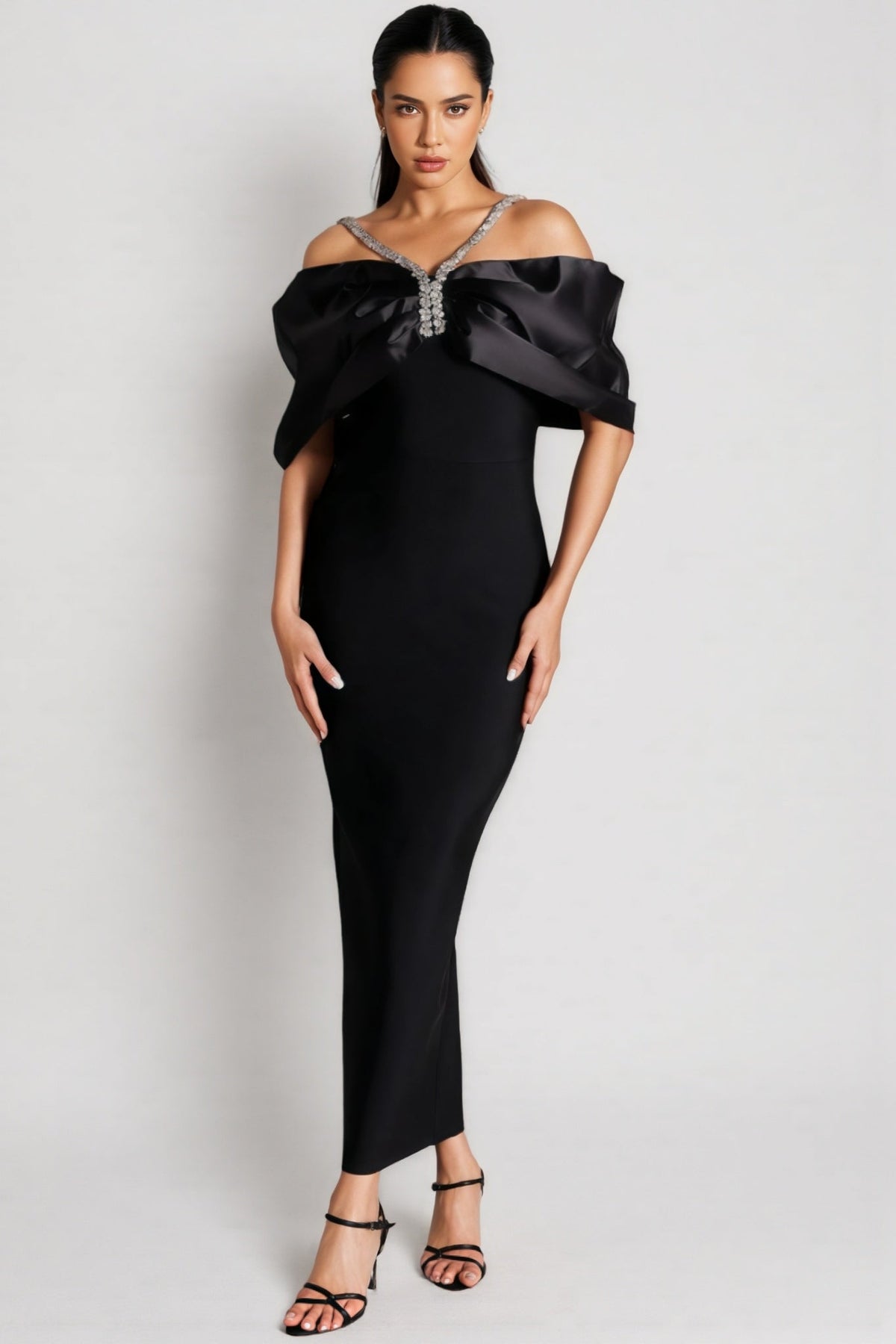 Off Shoulder Satin Bow Rhinestone Halter Strap Bodycon Maxi Dress