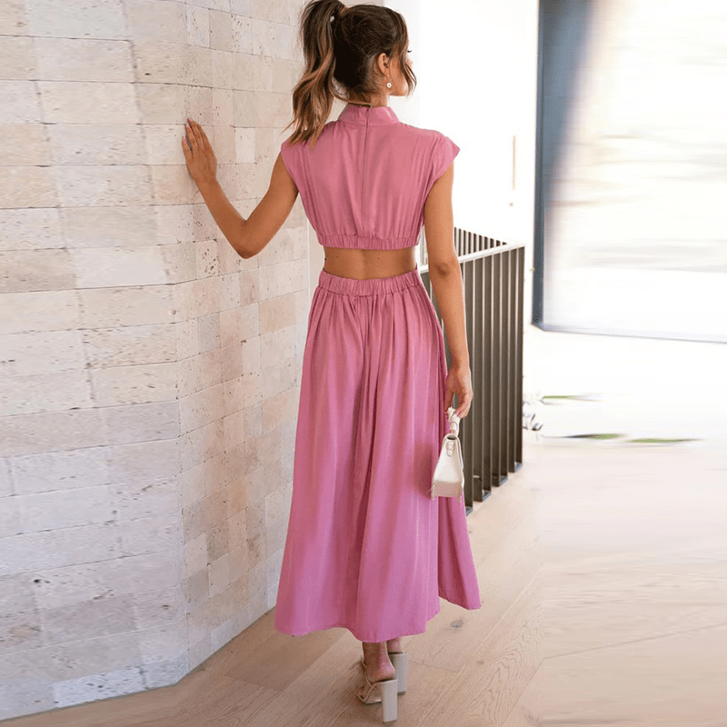 Mock Neck Cap Sleeve Cut Out Waist Pleated Midi Dress