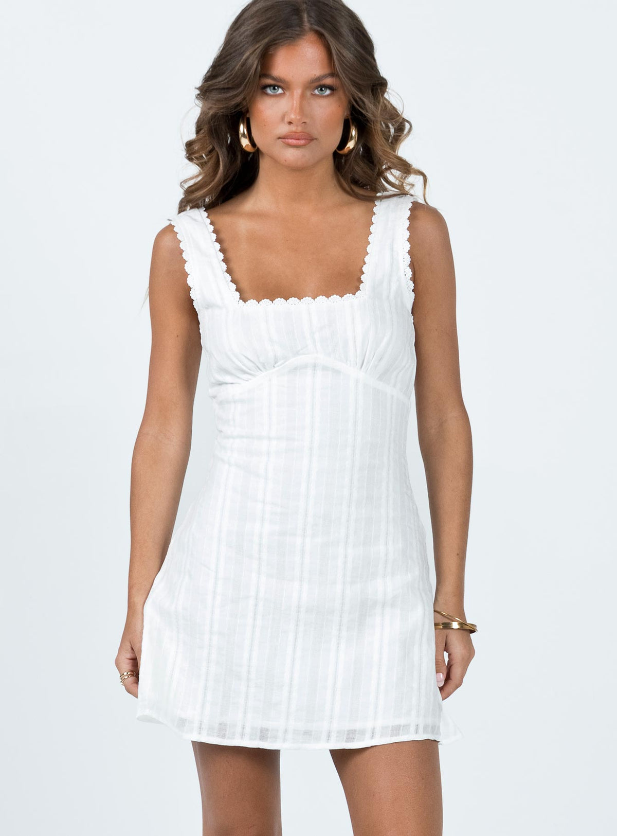 Textured Stripe Square Neck Lace Trim Sleeveless Mini Dress 2