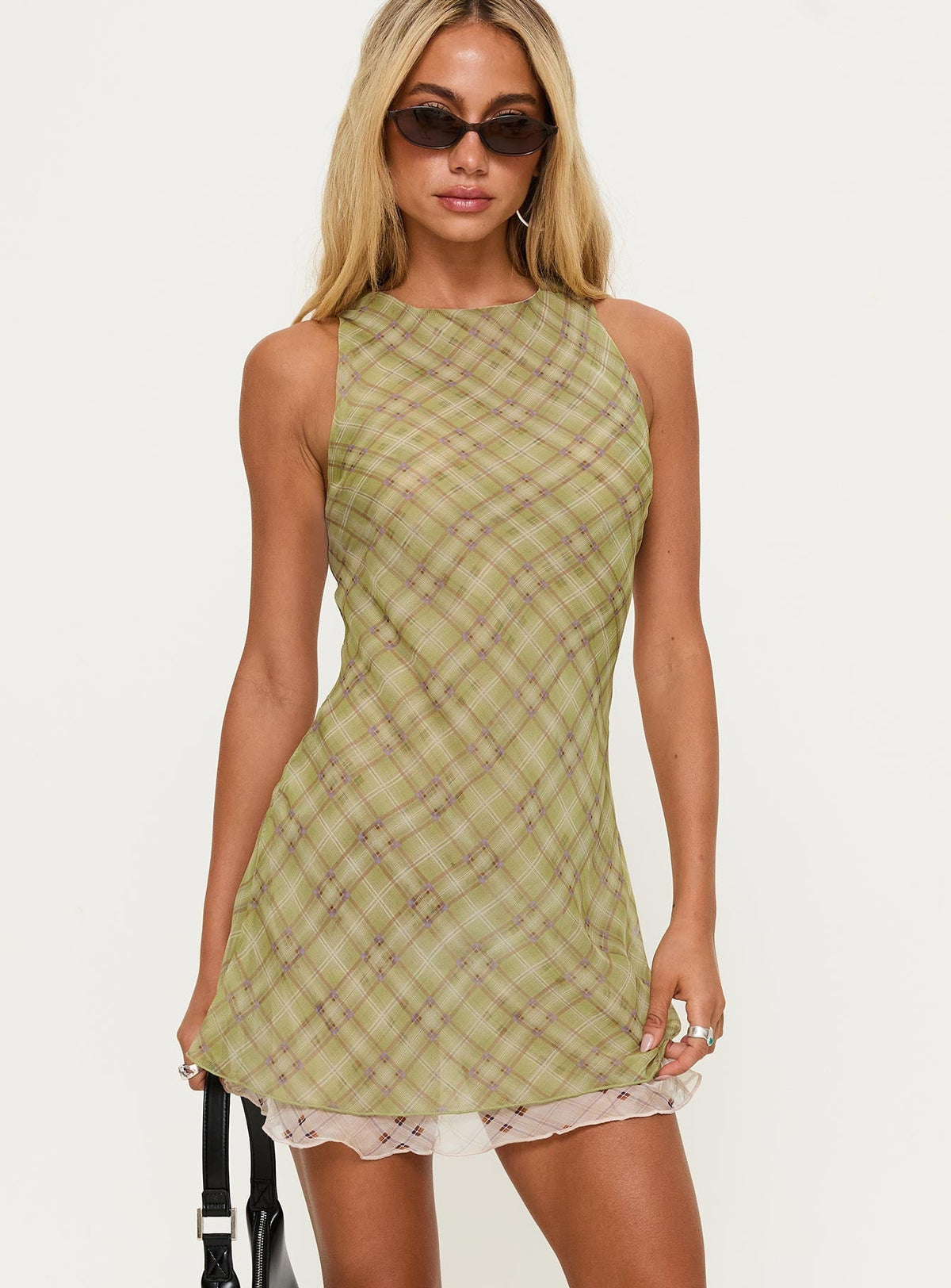 Plaid Mesh Sleeveless Crew Neck Layered Hem Shift Mini Dress 2
