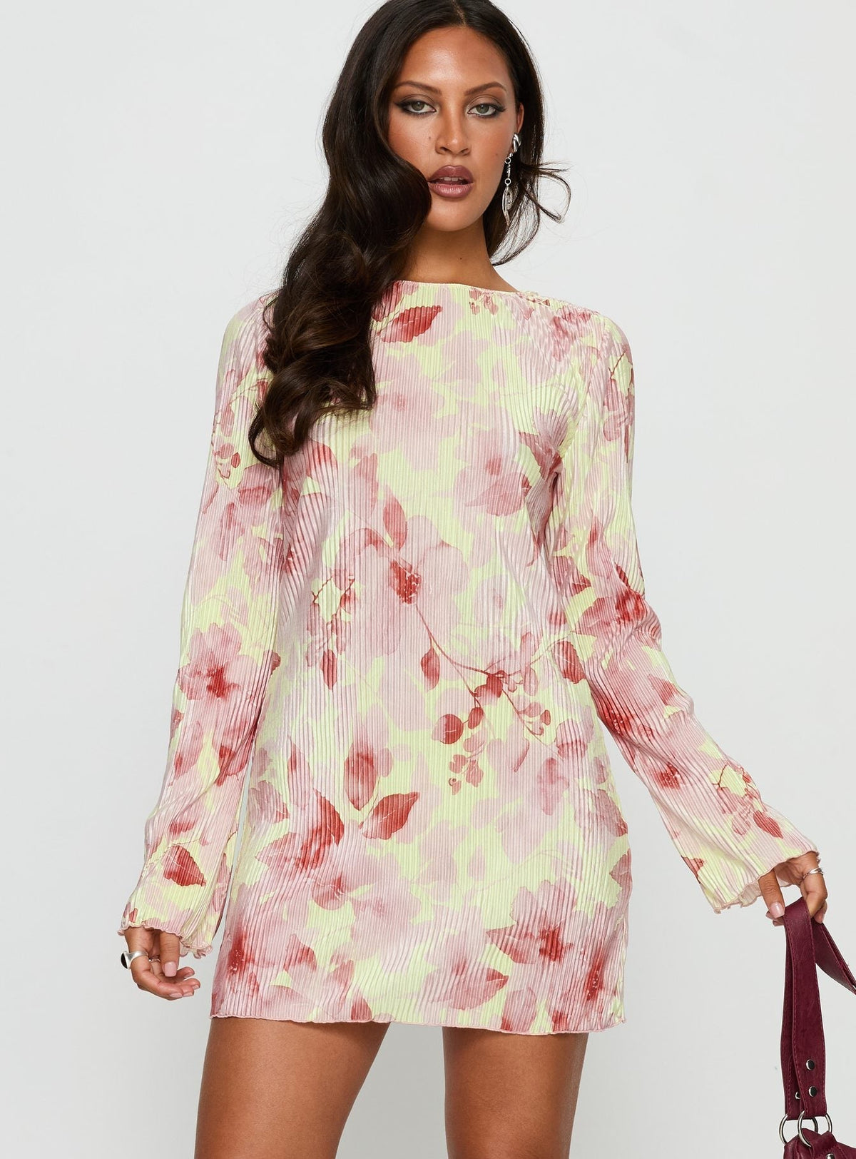 Floral Plisse Boat Neck Flared Long Sleeve Shift Mini Dress