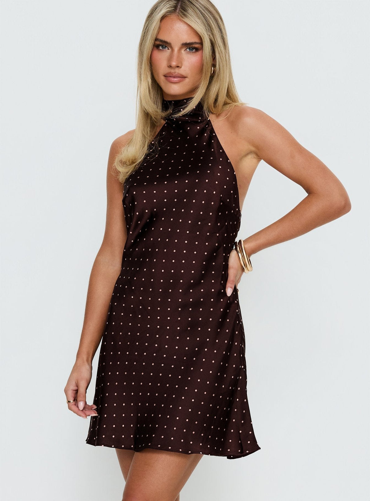 Polka Dot Satin High Neck Halter Open Back Mini Dress