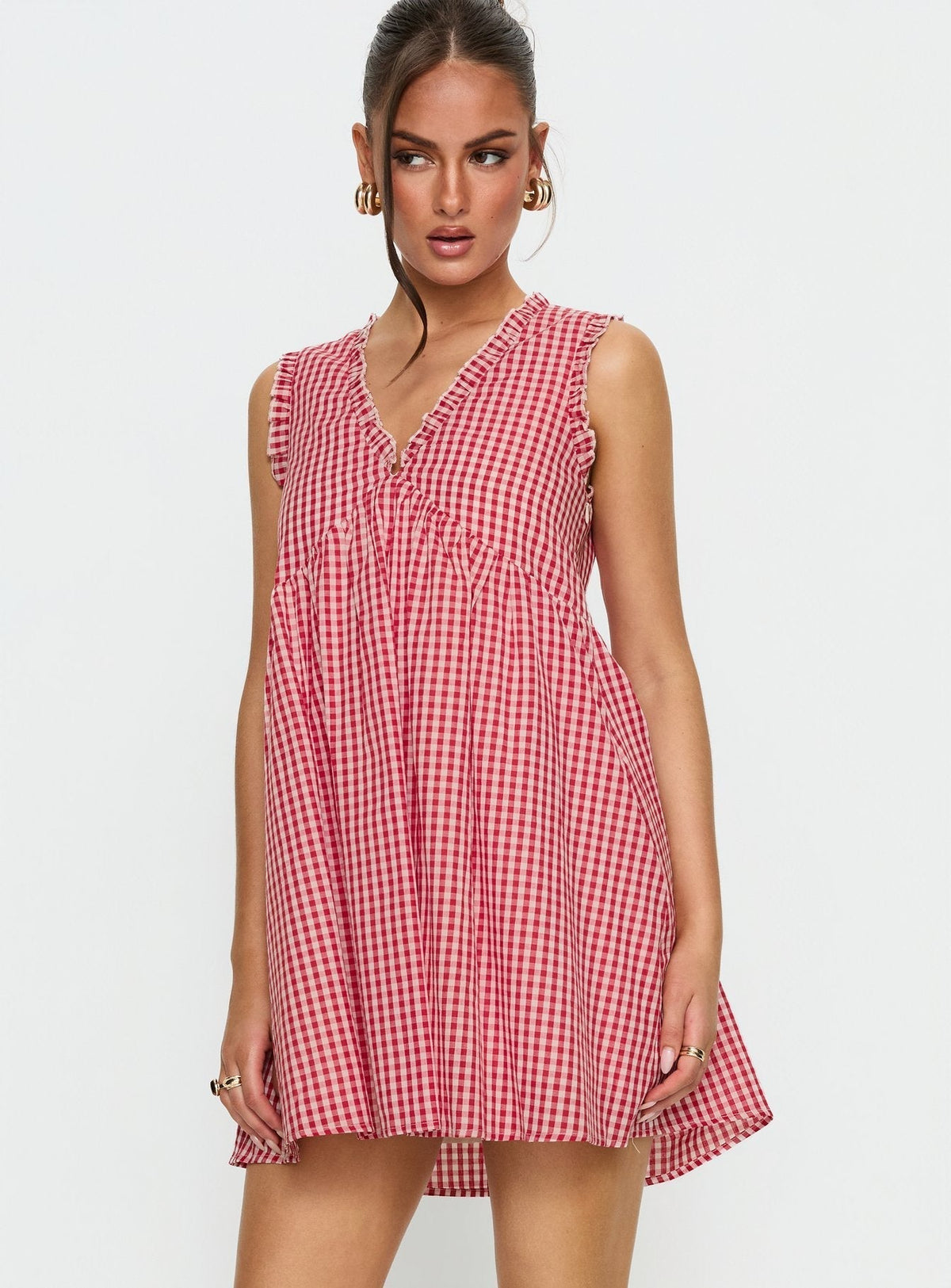 Gingham Ruffle Trim V-Neck Sleeveless Babydoll Mini Dress