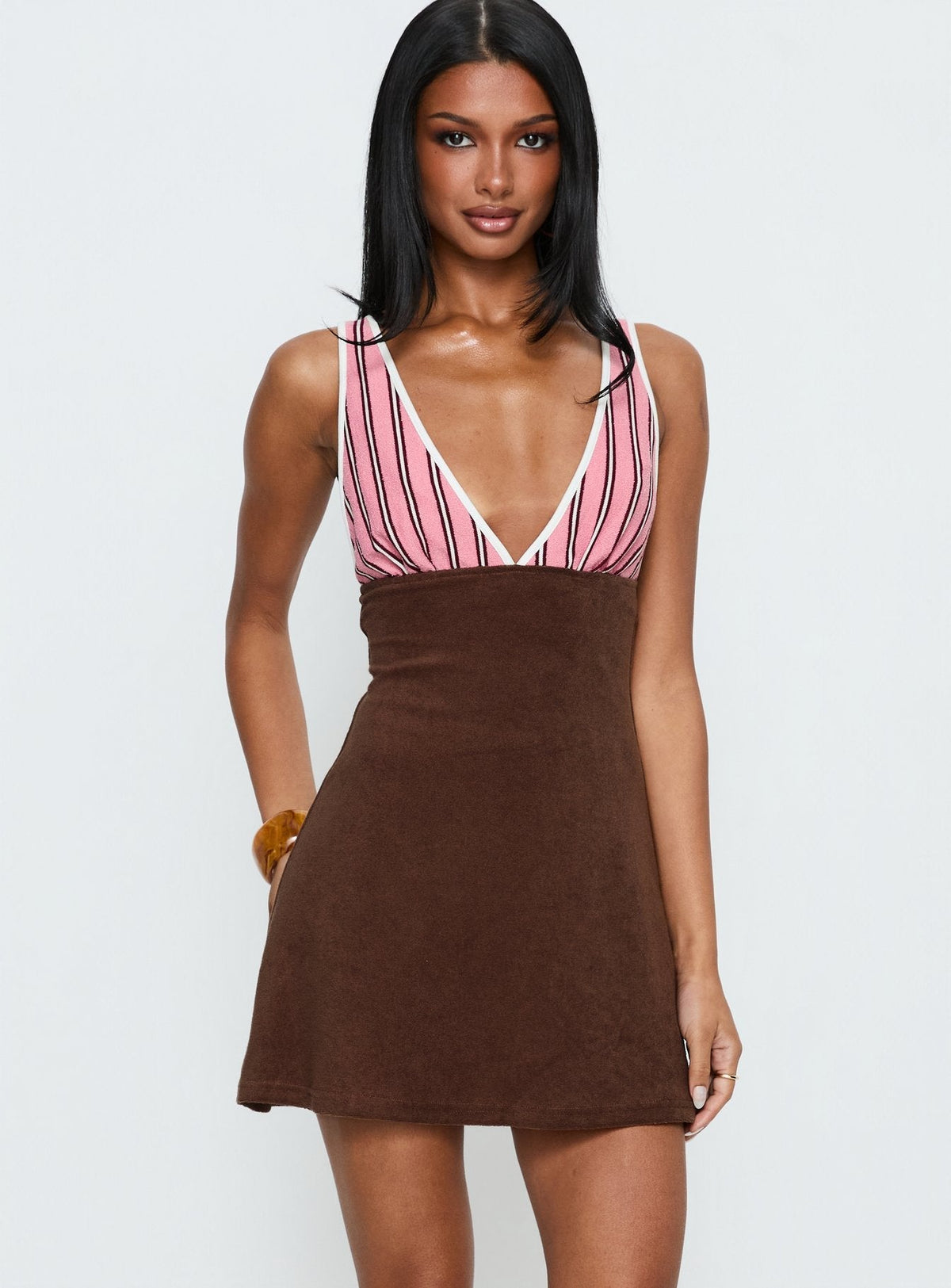 Striped Contrast Bodice Plunge V-Neck Sleeveless A-Line Mini Dress